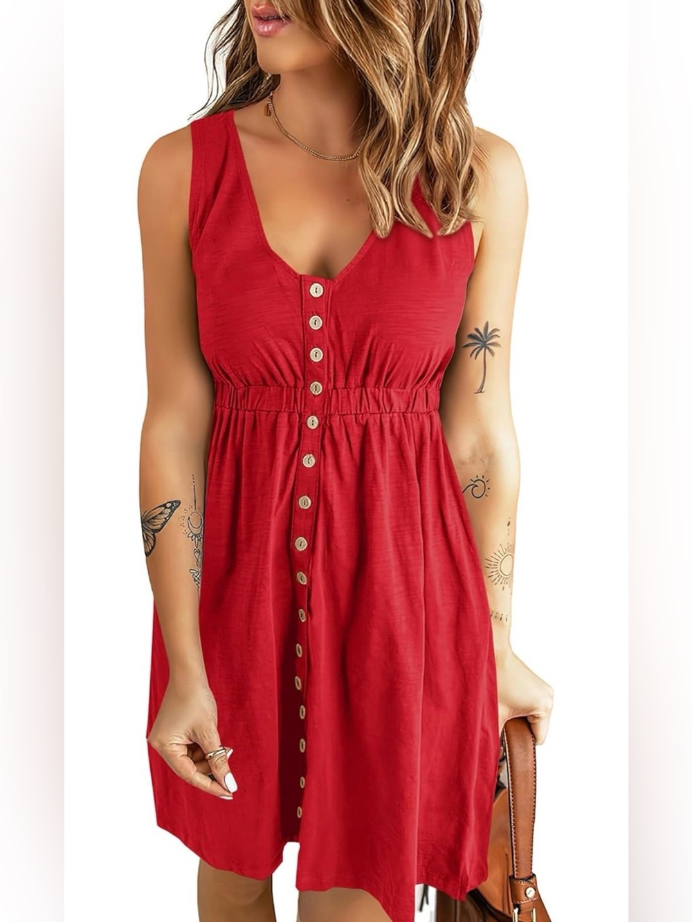 BTFBM Red Sleeveless Button Front Sundress Pockets Elastic Waist S NWT